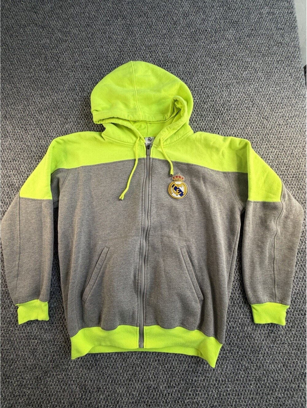 Real Madrid Full Zip Hoodie Gray Neon Yellow Soccer Sweatshirt Men’s XL